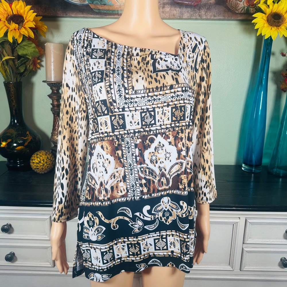 JM Collection Tunic Top Boho Maximalist Leopard Animal Print 3/4 Sleeve